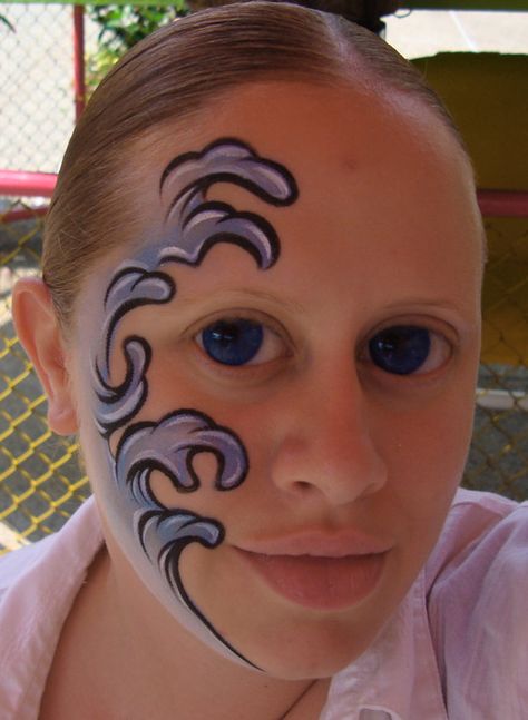 Anime Waves (Face Painting) by Catherine Pannulla Waves Face Paint, Wave Face Paint, Ladybug Headband, Mermaid Face Paint, Eye Face Painting, Skull Face Paint, New Year's Makeup, Face Painting For Boys, Halloween Clown