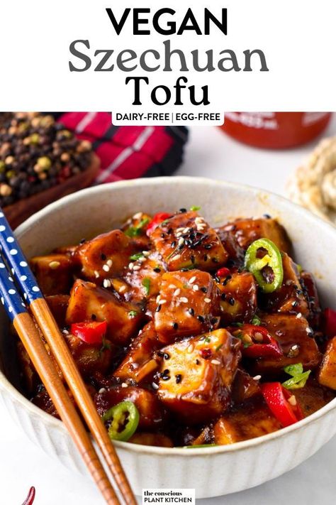 This Szechuan Tofu will fix all your spicy Chinese food craving!It’s a delicious crispy tofu stir-fry coated with a spicy Sichuan sauce packed with garlic, chili pepper, and Szechuan pepper. Szechuan Tofu, Sichuan Sauce, Tofu Sauce, Soy Curls, Chinese Cooking Wine, Gluten Free Soy Sauce, Plant Kitchen, Tofu Stir Fry, Tofu Dishes