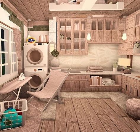 Bloxburg Laundry Room Ideas 2x2, Bloxburg House Ideas 3 Story, Bloxburg Summer House Ideas, Garage Bloxburg, Bloxburg Laundry Room Ideas, Boho Bloxburg House, Bloxburg Decor, Aesthetic Bloxburg, Bloxburg Interior