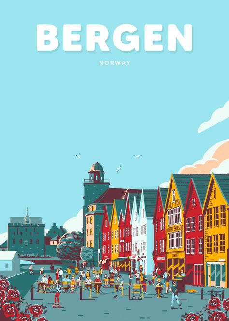 Wanderlust Decor, Wanderlust Art, Christmas In Europe, Bergen Norway, Poster City, Norway Travel, City Wall Art, Travel Illustration, Travel Wall Art