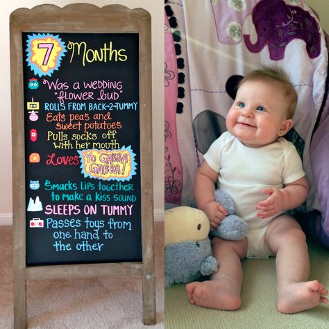 7 Months Baby Chalkboard Monthly Birthday Ideas, Happy 7 Months, Creative Monthly Baby Photos, Baby Monthly Pictures, Monthly Milestone Pictures, Milestone Chalkboard, Half Birthday Baby, 7 Month Baby, Baby Pictures Ideas