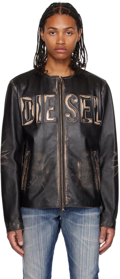 Grained leather jacket. Hand-fading and hand-distressing throughout. · Round neck · Two-way zip closure · Inset covered logo hardware at chest · Zip pockets · Welt pocket at interior · Full flannel lining · Logo-engraved gunmetal-tone hardware Supplier color: Black Custom Leather Jackets, Distressed Leather Jacket, Biker Jacket Men, Diesel Men, Distressed Leather, Leather Jacket Men, Custom Leather, Mens Street Style, Leather Jackets