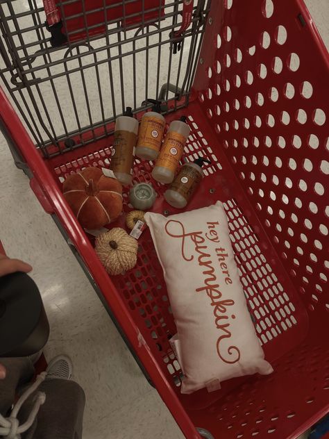 Fall decor in a shopping basket, pillow with “hey pumpkin”, Myers Fall seasonal scents in hand soap and dish soap, several small fabric pumpkins from the dollar section in target Autumn Shopping, Aesthetic Autumn Things To Do, Fall Shopping Aesthetic, Fall Grocery Shopping Aesthetic, Fall Astethic, Watching Fall Movie Aesthetic, Movies With Autumn Vibes, Fall/halloween Bucket List, Fall Apartment Decor