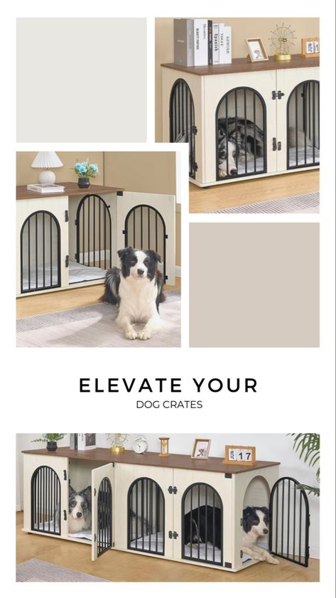 Wooden Dog crate furniture with metal bars in the shape of an arch. Can hold two dogs and adds to your home decor. Dog Areas In House Small Living Room, Dog Crate Ideas Decor, Aesthetic Dog Crate, Diy Large Wood Dog Crate, Dog Crate Tv Stand Minimalist, Extra Large Dog Crate Furniture, Dog Tv Stand Kennel, Custom Dog Kennel Tv Stand, Double Dog Crate