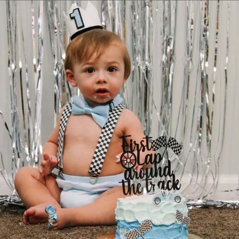 Racing car smash the cake outfit #smashcake #cakesmashphotography #firstbirthday #firstbirthdayparty #racingcarparty #checkeredsuspenders Cake Smash Blue, Cake Outfit, Smash The Cake, Cake Smash Photography, Theme Cake, Racing Car, Race Car, Cake Smash, Suspenders