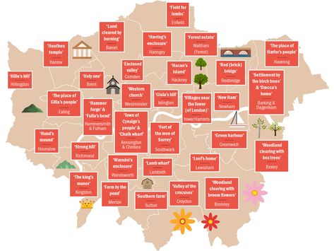 This map shows what the London borough names actually mean Map Of England United Kingdom, Great Britain Map, London Boroughs, Map Of Britain, London Boroughs Map, Old Names, Victorian London Map, Western Homes, London Calling