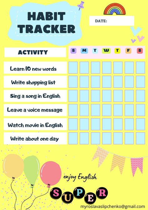 Habit tracker for kids learning English Kids Habit Tracker, Kids English, Learning English, Habit Tracker, English Grammar, New Words, Learn English, Movies To Watch, Grammar