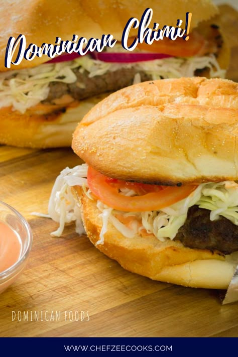 Chimichurri Dominicano aka Chimi Dominicano is a delicious Dominican Burger that you typically get from a food truck after a night out of drinking and dancing. This awesome dish is perfect for get togethers and family night! #ChefZeeCooks #ChimichurriDominicano #DominicanRecipes #LatinRecipes Chimichurri Dominicano, Dominican Chimi, Chimichurri Burger, Dominican Cake Recipe, Garlic Burgers, Dominicano Recipes, Dominican Cake, Dominican Recipes, Dominican Food