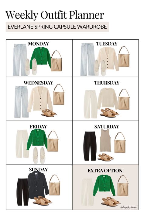 Weekly Outfit Planner Outfits for Monday Through Sunday with all Everlane Items, Spring Capsule Wardrobe Outfit Planner Outfits For Monday, Weekly Outfit Planner, Outfit Calendar, Light Taupe Color, Monday Outfit, Outfit Planner, Capsule Wardrobe Outfits, Spring Capsule, Winter Work