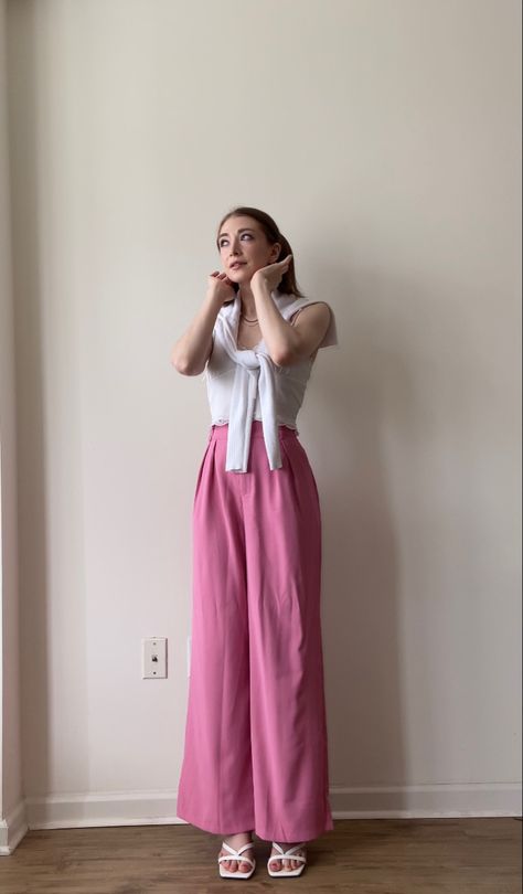 Colorful outfit idea featuring a Barbie pink colored pair of wide leg trousers, white lace tank top, white cardigan, white sandals with a kitten heel, and silver jewelry ✨ Pink Wide Leg Pants Outfit, Pink Trousers Outfit, Grey Trousers Outfit, Dreamy Birthday, Wide Leg Tailored Pants, Geranium Color, Pink Pants Outfit, Teacher Fits, Pink Geranium