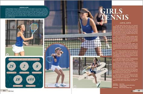 Yearbook Graphic Design Ideas, Yearbook Page Layout Ideas, Tennis Yearbook Page, Yearbook Layout Ideas Creative, Cottagecore Yearbook, Creative Yearbook Spreads, Tennis Yearbook Spread, High School Yearbook Layouts Ideas, Yearbook Page Ideas Highschool