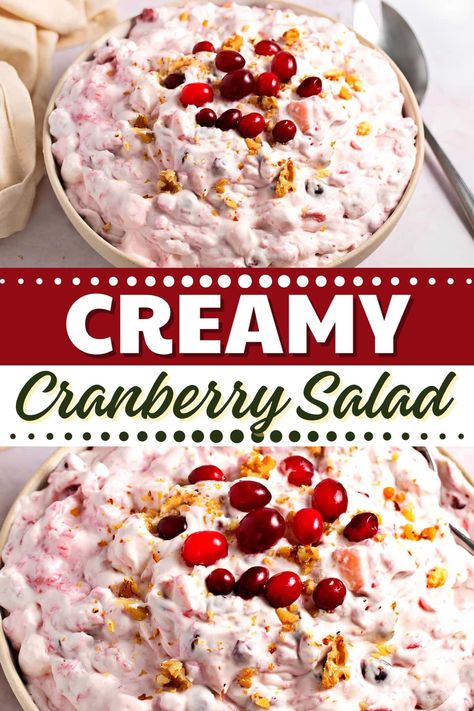 You'll flip for this delicious creamy cranberry salad! Made with cranberries, walnuts, apples, pineapple, and marshmallows, it's an absolute treat! Pineapple Salad Recipes, Marshmallow Salad, Cranberry Salad Recipes, Cranberry Fluff, Fruit Salad With Marshmallows, Ambrosia Fruit Salad, Pineapple Salad, Cranberry Fruit, Cranberry Almond