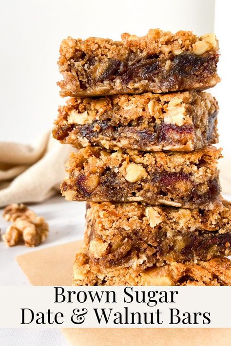 These Brown Sugar Date and Walnut Bars have a delicious blend of nutty walnut flavor, delectable sweetness, and a warming oomph of cinnamon. They're reminiscent of oatmeal raisin cookies but upgraded with a healthy dose of walnuts and dates. They're comforting in flavor with a soft, tender texture. These homemade date nut bars are every bit delicious and crazy addictive! Date Walnut Cookies, Date And Walnut Cookies, Recipes With Dried Dates, Fresh Dates Recipe, Fig Recipes Dessert, Walnut Bars, Date Nut Bars, Date And Walnut, Spiced Walnuts