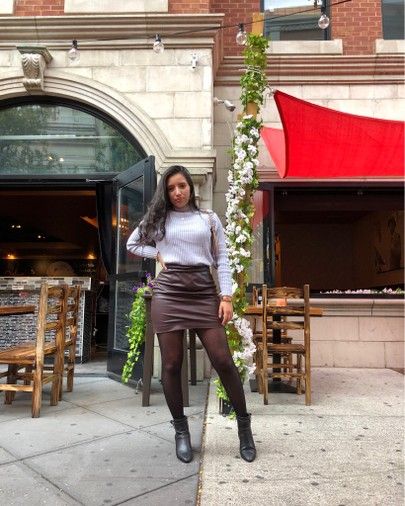 Shop this outfit! Mini brown leather skirt, blue sweater, black ankle booties, #fallbrunchoutfits #november2020fashion #november2020outfits #novemberoutfits Brown Leather Skirt Outfit, Fall Brunch Outfit, Brunch Outfits Fall, Mini Leather Skirt, November Outfits, Brown Leather Skirt, Fall Brunch, Fall Fashion Skirts, Leather Skirt Outfit