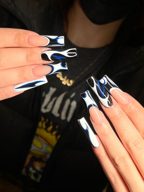 French tip abstract black white dark blue nail designs Blue Black And White Nails Acrylic, Black Blue Nail Designs, Edgy Blue Nails, Black Blue And White Nails, Black White And Blue Nails, Black And Blue French Tip Nails, Blue White And Black Nails, Blue Black White Nails, White And Dark Blue Nails