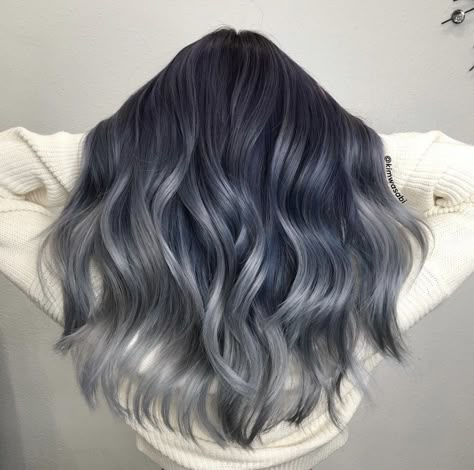 Ashy Blue Hair, Blue Hair Ombre, Fox Hair Dye, Blue Grey Hair, Ashy Hair, Hairstyle Girl, Blue Ombre Hair, Korean Hair Color, Hair Color Underneath