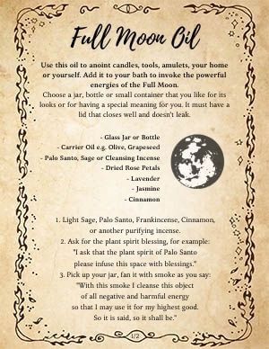 Full Moon Oil Recipe New Moon Oil Blend, Wiccan Oil Recipes, Diy Spell Oils, Full Moon Oil Recipe, Moon Water Spray Recipe, Anointing Oil Recipe Wicca, Goddess Oil Recipe, Pentagram Oil Recipe, Spell Oils Recipe