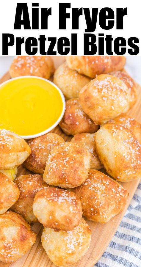 Dozens of bite sized square pretzel bites on a cutting board next to a bowl of mustard. Text at the top reads "Air Fryer Pretzel Bites". Movie Day Snack Ideas, Movie Snack Recipes, Air Fryer Pretzel Bites, Air Fryer Pretzel, Soft Pretzel Bites, Perfect Movie Night, Air Fryer Recipes Snacks, Easy Recipies, Football Snacks