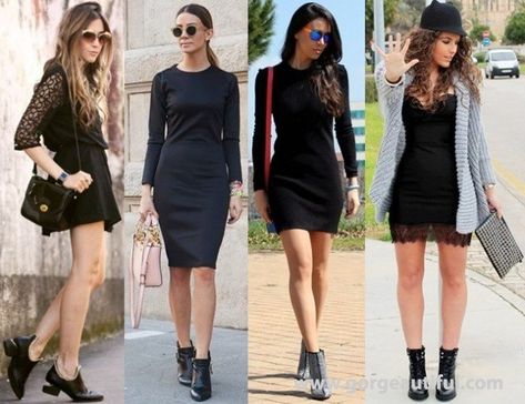 Little Black Dress with Ankle Boots Shoes To Wear With Mini Dress, Short Dress With Boots Outfit, Black Booties Dress, Short Boots With Dresses, Dresses With Ankle Boots, Black Dresses With Boots, Short Black Dress Outfit, Black Dress Outfit Winter, Black Dress And Boots