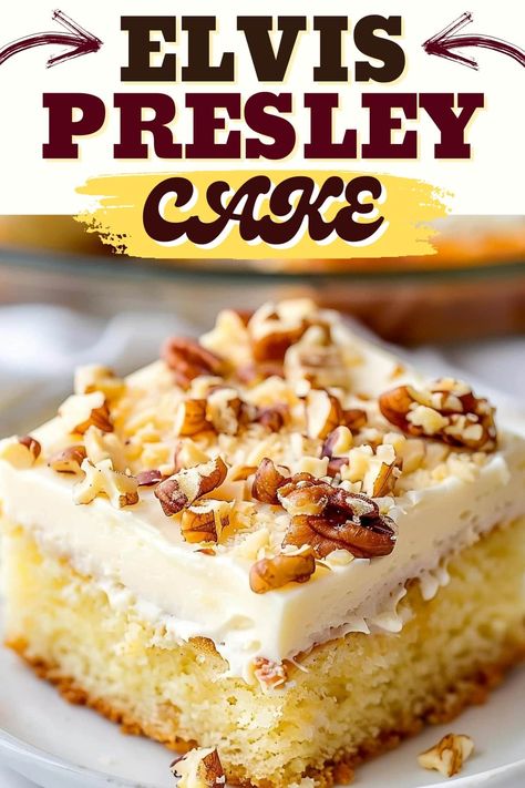 I can’t help falling in love with this soft, fluffy, flavorful Elvis Presley cake. Once you try it, you’ll be all shook up, too! It's that good. Elvis Presley Cake Recipe, Elvis Presley Cake, Pineapple Angel Food, Cake Mix Desserts, Birthday Cake Decorating Ideas, Leftover Cake, Vegetarian Cake, Poke Cakes, Cake Decorating Ideas