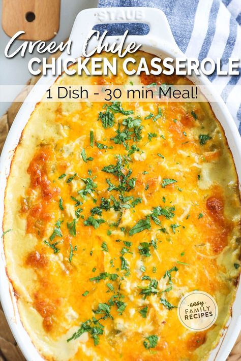 YUM! This Creamy Green Chile Chicken Casserole is comforting, delicious, and the perfect easy casserole recipe for a busy night. Loaded with southwest flavor, this casserole is made easy with shredded rotisserie chicken, green chiles, cream of chicken soup, and simple spices. With just 10 minutes of prep, you can have this 30 min meal in the oven and baking to perfection. This easy family dinner is a crowd pleaser! Chicken Chili Casserole Recipes, Green Chicken Chili Casserole, Chicken Chile Relleno Casserole, Green Chili Chicken Enchiladas Casserole, Shredded Chicken Recipes Casserole, Chicken Green Chili Casserole, Mexican Chicken Casserole Recipes, Chicken Mexican Casserole, Green Chile Chicken Casserole