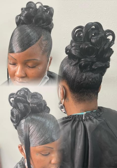 Women Updo Hairstyles Easy, Black Hair 90s Updo, Black Hair Wedding Updo, Old School Updo Hairstyles Black, Pincurl Updo Black Hair, Baps Inspired Hairstyle, Pincurl Ponytail Updo Black Women, Pin Curl Ponytail, 90s Updo Black Women