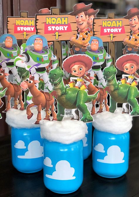 Toy Story Party Decor Toys Story 2nd Birthday, Toy Story Themed 1st Birthday Party, Two Infinity And Beyond Centerpieces, Toy Story Party Centerpieces Diy, Toy Story Party Ideas Decoration, Toy Story Birthday Party Ideas Centerpieces, Toy Story Centerpieces Ideas Diy, Toy Story Birthday Party Centerpieces, Toy Story Party Centerpieces