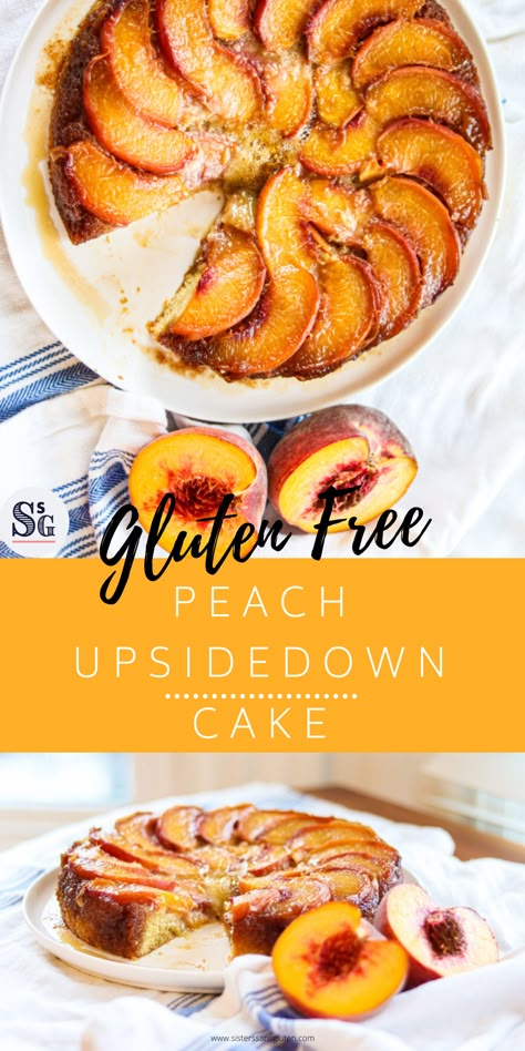 A gluten free summery, yellow cake topped or bottomed with tons of caramelized peaches! Gluten Free Peach Cake Recipe, Gluten Free Peach Upside Down Cake, Gluten Free Peach Cake, Gluten Free Peach Dessert, Peach Gluten Free, Gluten Free Peach Recipes, Gluten Free Summer Desserts, Work Desserts, Cake Food Photography