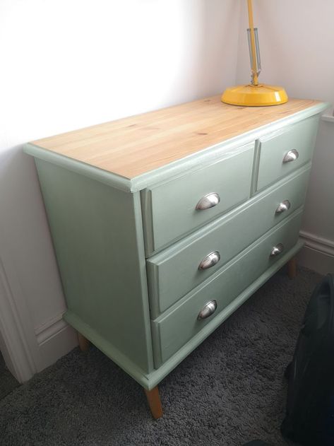 Sage Green Dresser Gold Hardware, Sage Green Bedroom Furniture Decorating Ideas, Sage Green Drawers, Sage Green And Wood Dresser, Sage Green Chest Of Drawers, Sage Green Dresser, Sage Green Desk, Drawers Upcycle, Chest Of Drawers Upcycle