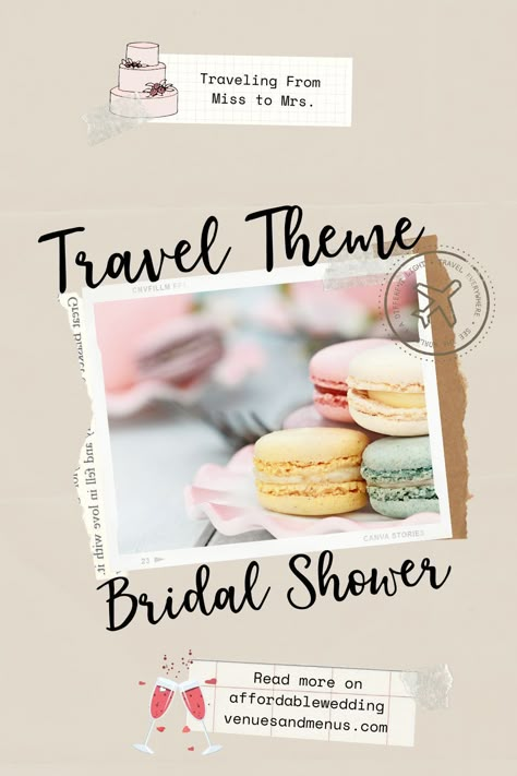 When you’re planning a bridal shower, the first thing to do is choose a theme. If the bride loves travel, it’s a perfect theme. Choose a country that’s special to the couple, or use a travel theme of maps or globes. Or use a travel-centric motto as your theme: Traveling from Miss to Mrs, Love is a Journey, Love is the Greatest Adventure. Choose travel themed bridal shower invitations, decorations, centerpieces, favors and games. Travel Inspired Bridal Shower Ideas, Destination Wedding Shower Ideas, Travel Bridal Shower Food, Travel Wedding Shower Theme, Adventure Bridal Shower Ideas, Honeymoon Bridal Shower Ideas, Around The World Bridal Shower Theme, Love Is A Journey Bridal Shower Theme, Let The Adventure Begin Bridal Shower Theme