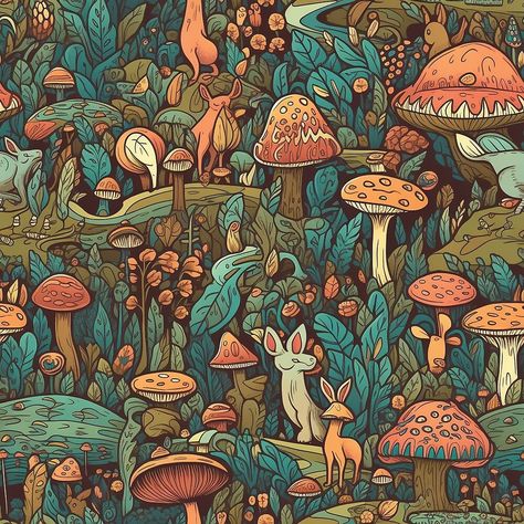 "Pattern Magical Creatures Forest Cartoon Style" by Arncil | Redbubble Trippy Mushroom Art, Forest Cartoon, Trippy Mushroom, Forest Drawing, Mushroom Kingdom, Ancient Forest, Forest Creatures, Comic Book Style, Forest Art