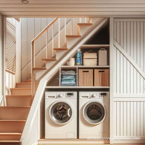 Laundry Room Under Staircase, Laundry Under Stairs, Laundry Under Staircase, Under Stairs Laundry Room, Laundry Closet Ideas, Room Under Stairs, Hidden Laundry, Stair Well, Maximize Small Space