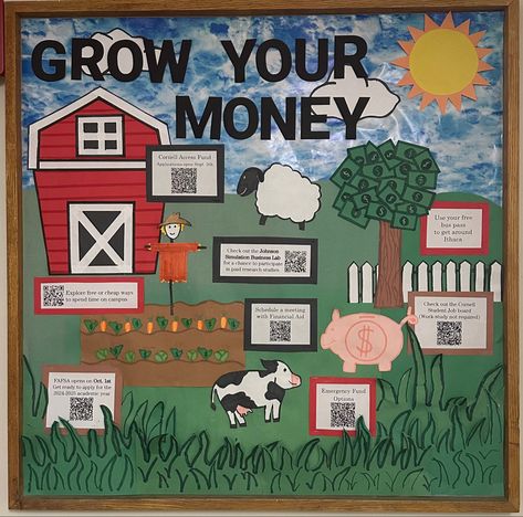 College Financal Resources RA Bulletin Board | "Grow Your Money" | Farm Themed Farm Animal Bulletin Board, College Bulletin Board, Ra College, Res Life Bulletin Boards, College Bulletin Boards, Door Decks, Ra Bulletins, Ra Boards, Ra Bulletin Boards