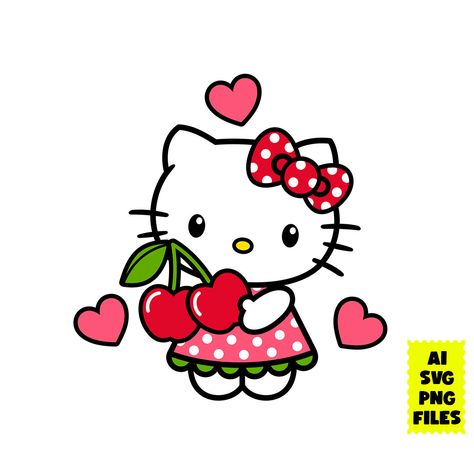 Aesthetic Cricut Projects, Hello Kitty Toppers, Cherry Hello Kitty, Bouquet Toppers, Hello Kitty Cherry, Hello Cafe, Summer Fonts, Disney Stickers Printables, Hello Kitty Svg