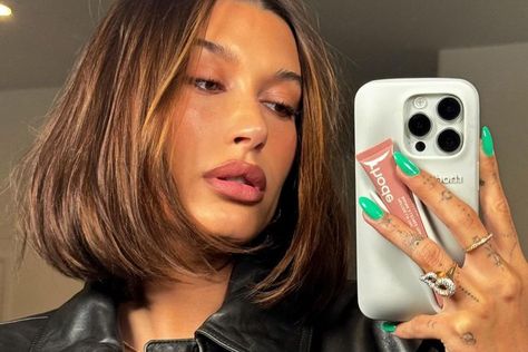 I’m Copying Hailey Bieber’s Bright Green Coachella Manicure With These 8 Polishes From $7 Hailey Bieber Green Nails, Hailey Bieber Nails Different Colours, Hairly Bieber Nails, Dark Green Hailey Bieber Nails, Hailey Nails, Hailey Beiber Green Nails, Haylie Bieber Nails, Neutral Nail Polish, Chrome Manicure