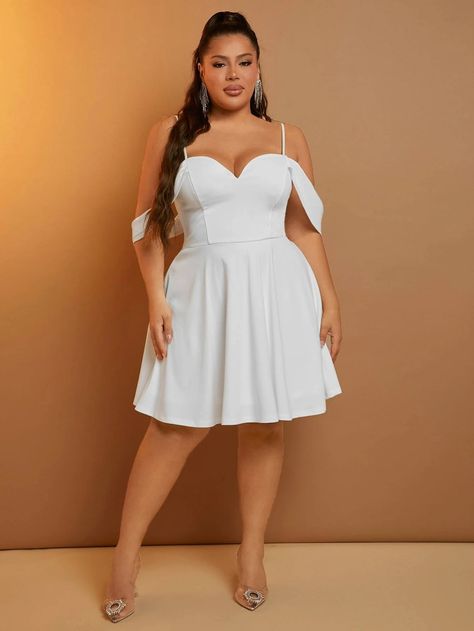 SHEIN SXY Plus Cold Shoulder Dress | SHEIN Plus Size White Dress Summer Party, Graduation Dresses Plus Size, Courthouse Wedding Dress Plus Size, Plus Size Graduation Dress, Short Dresses Plus Size, White Dress Summer Casual, Preference Night, Nice White Dresses, Plus Size White Dress