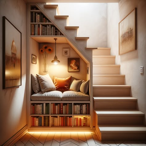 15+ Creative Reading Nook Ideas for Any Small Space - DreamyHomeStyle Hall Nook Ideas Hallways, Kids Reading Nooks, Secret Reading Nook, Understairs Reading Nook Ideas, Lofted Library, Under The Stairs Book Nook, Book Nook Under Stairs, Stairs In Living Room Small Spaces, Under Stair Reading Nook