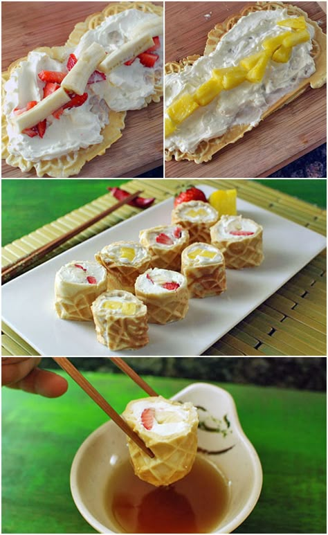 Waffle Breakfast Sushi Rolls, love this idea! Breakfast Sushi, Whole Wheat Waffles, Waffle Breakfast, Food Bakery, Breakfast Waffles, Pictures Of Food, Snacks Für Party, Sushi Rolls, Meal Of The Day