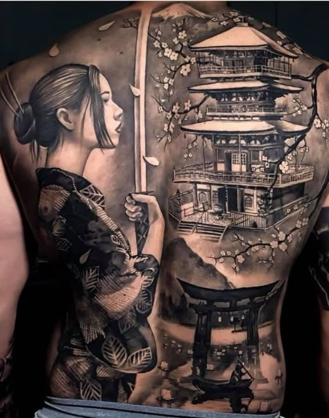 Full Back Tattoos For Men Japanese, Geisha Back Tattoo, Fullback Tattoo, Japanese Warrior Tattoo, Japanese Back Tattoo, Geisha Tattoo Design, Majestic Tree, Geisha Tattoo, Full Sleeve Tattoo Design