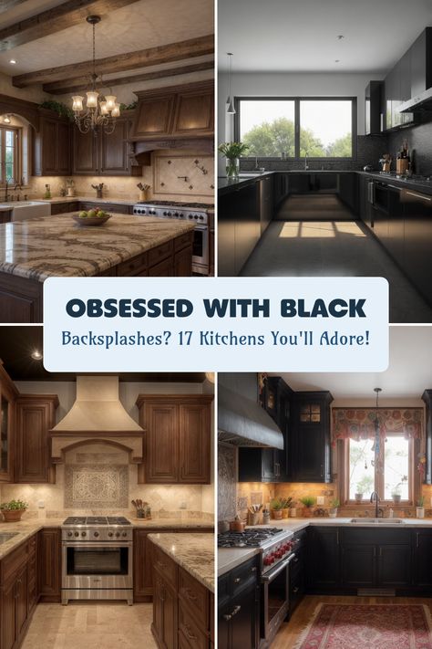 This Pinterest pin showcases 4 different kitchen designs, each featuring a striking black backsplash. From modern kitchens with sleek black cabinetry to rustic designs with natural wood, these images highlight the versatility of black backsplashes Kitchen Black Backsplash, Black Backsplash Kitchen, Backsplash Options, Black Cabinetry, Black Subway Tiles, Backsplash Inspiration, Backsplash Kitchen Ideas, Textured Tile, Yellow Cabinets