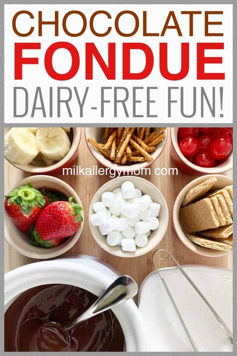 Valentine Chocolate Fondue! Dairy-Free, Crockpot Easy. Ingredients at Milk Allergy Mom! Dairy Free Fondue, Milk Allergy Recipes, Dairy Free Christmas Recipes, Easy Chocolate Fondue, Dairy Free Dessert Easy, Easy Fondue, Kids Birthday Food, Milk Allergy Mom, Dairy Free Recipes Easy