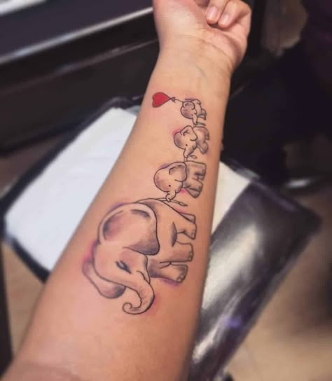 Elephant Family Tattoo Design, Family Of Elephants Tattoo, Elephants Tattoo Design, Happy Tattoos For Women, Elephant Family Tattoos, Elephant Tattoo Design For Women, Fam Tattoo, Realistic Elephant Tattoo, Colorful Elephant Tattoo