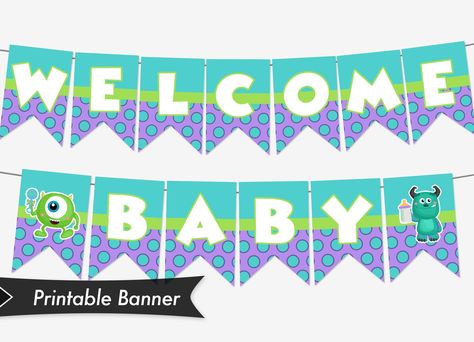 Baby Shower Props, Monsters Inc Baby Shower, Baby Shower Center, Monsters Inc Baby, Baby Shower Messages, Monster Baby Showers, Welcome Baby Banner, Boy Baby Shower Ideas, Disney Baby Shower