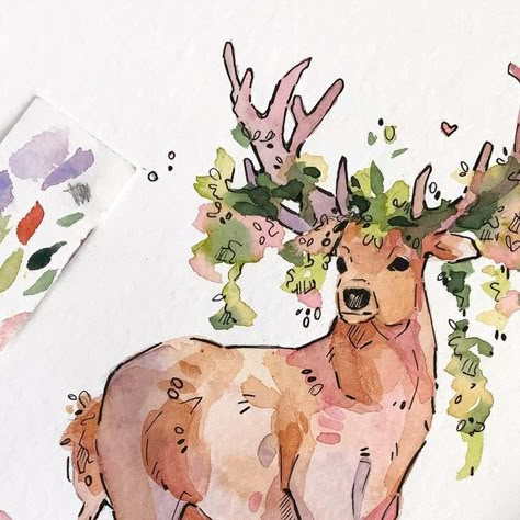 Cute Deer Painting, Watercolour Animals Simple, Woodland Watercolor Painting, Watercolor Art Digital, Watercolor Cute Animals, Watercolor Aesthetic Art, Cute Watercolour Painting, Watercolor Animals Easy, Wild Animals Illustration