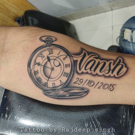 customized Clock with name and birth date tattoo Clock Date Of Birth Tattoo, Name And Birth Date Tattoo, Jameson Tattoo, Name And Date Tattoo, Date Of Birth Tattoos, Birth Date Tattoo, Sons Name Tattoos, Tattoo Kids, Date Tattoo