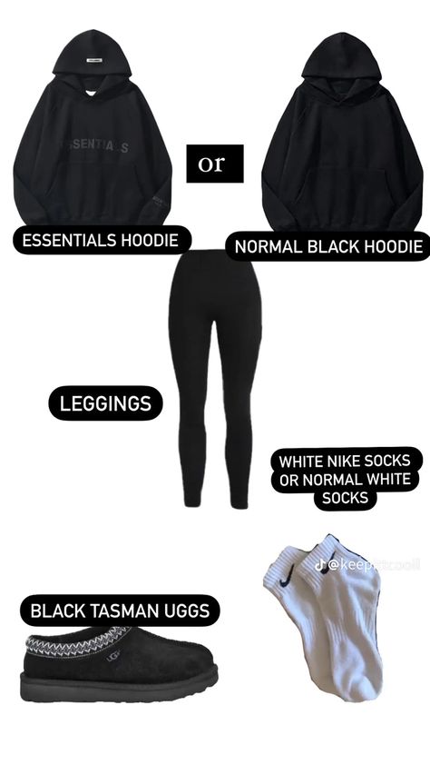 Black Leggings And Black Top Outfit, School Outfits With Black Leggings, All Black Outfits For School, How To Style Black Leggings For School, Black Leggings Outfit School, School Outfits Black, All Black School Outfit, How To Style A Black Hoodie, Black Essentials Hoodie Outfit