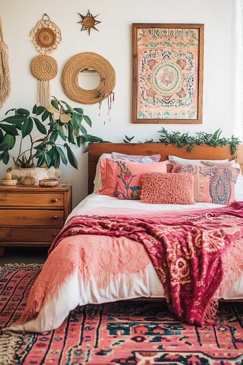 50+ Boho Bedrooms Pink Accents Transforming Rooms With Love Girls Bohemian Bedroom Ideas, Boho Pink Bedding, Boho Bedroom With Pink, Girly Boho Bedroom, Bedroom With Pink Accents, Adult Pink Bedroom, Pink Boho Bedroom, Bohemian Girls Bedroom, Bedrooms Pink