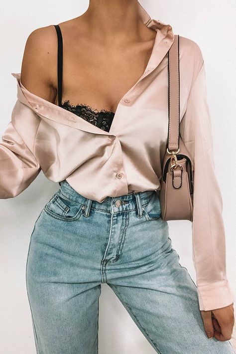 Satin Shirt Outfit, Drinks Outfit, Silk Shirt Outfit, Satin Blouse Outfit, Nude Shirt, Lingerie Outfit Night, Fit Board, Leather Ideas, Pastel Outfit