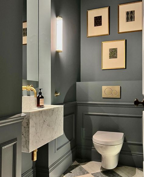 Wc Ideas, Brass Taps, Small Downstairs Toilet, Cloakroom Toilet, Tumbled Marble Tile, Marble Basin, Floor Marble, Toilet Room Decor, Mandarin Stone