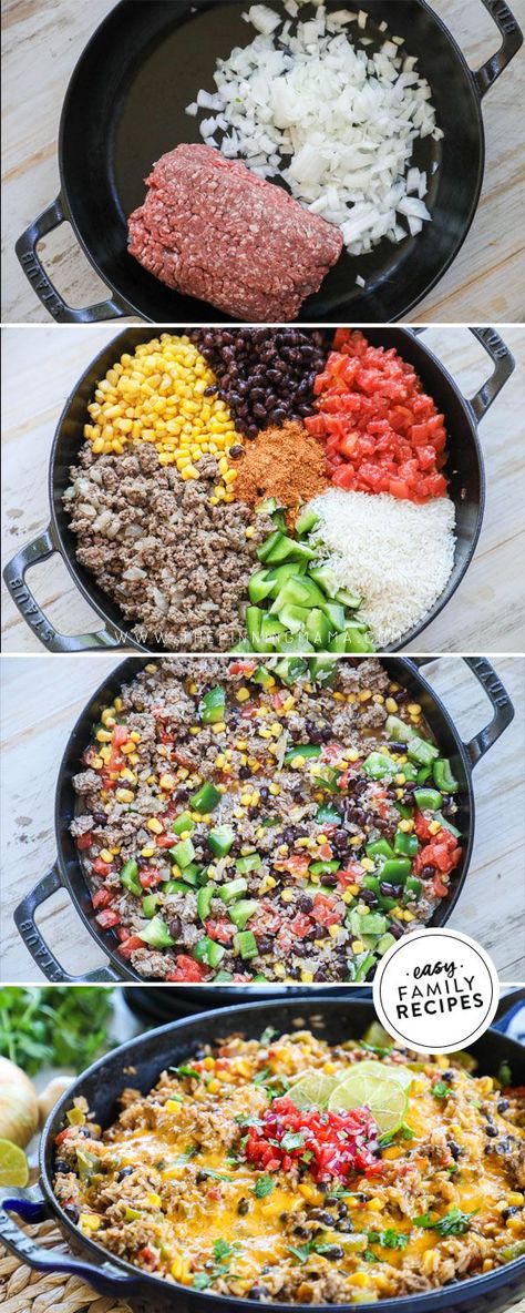 FAVORITE taco tues dinner! This Mexican Ground beef and rice recipe is DELISH and so easy to make! Just one skillet for a wholesome veggie packed meal. This one pan dinner is the best combination of easy and hearty. This recipe is made with ground beef, rice, and all of the delicious Mexican flavors. This beef dinner recipe is too delicious to be this easy to make. Mexican Ground Beef, Ground Beef And Rice, Healthy Ground Beef, Ground Beef Recipes Healthy, One Skillet, Dinner With Ground Beef, Beef And Rice, Ground Beef Recipes Easy, Ground Beef Recipes For Dinner